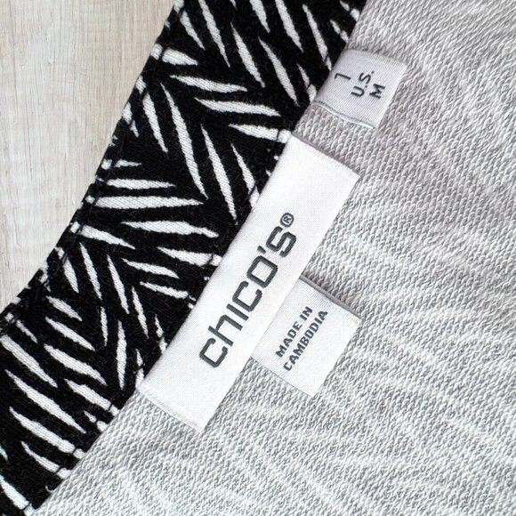 CHICOS Zenergy French Terry Knit Scoop Neck Puff Sleeve Black White Print Dress - Picture 4 of 7